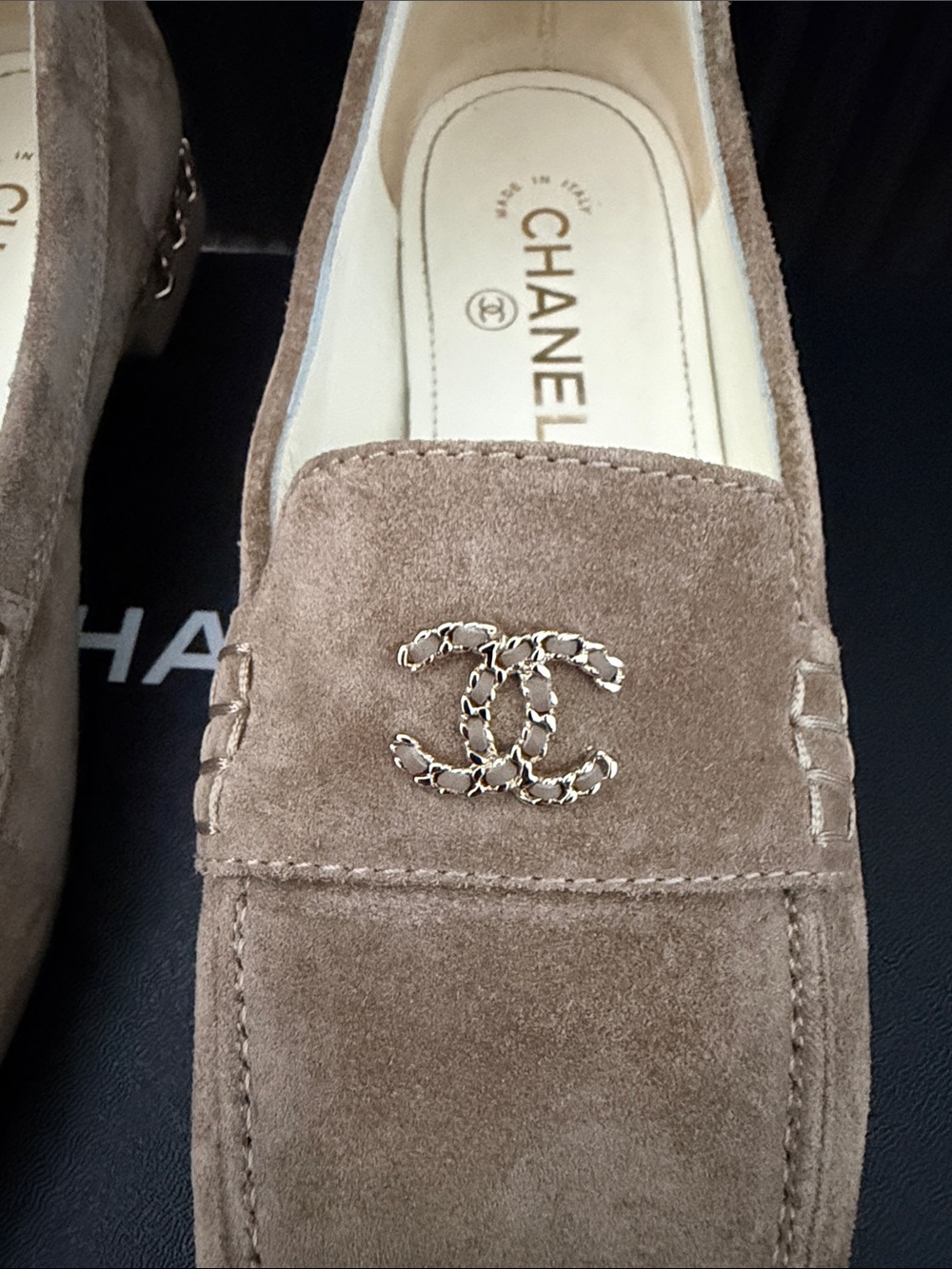 CHANEL Beige Suede CC Logo Loafers - Picture 6 of 9